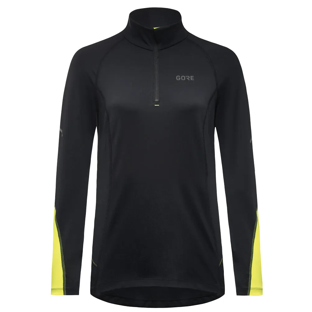 GoreWear Mid Long Sleeve Half Zip Women's Running Top - Black/Neon Yellow Double Stitched Hem