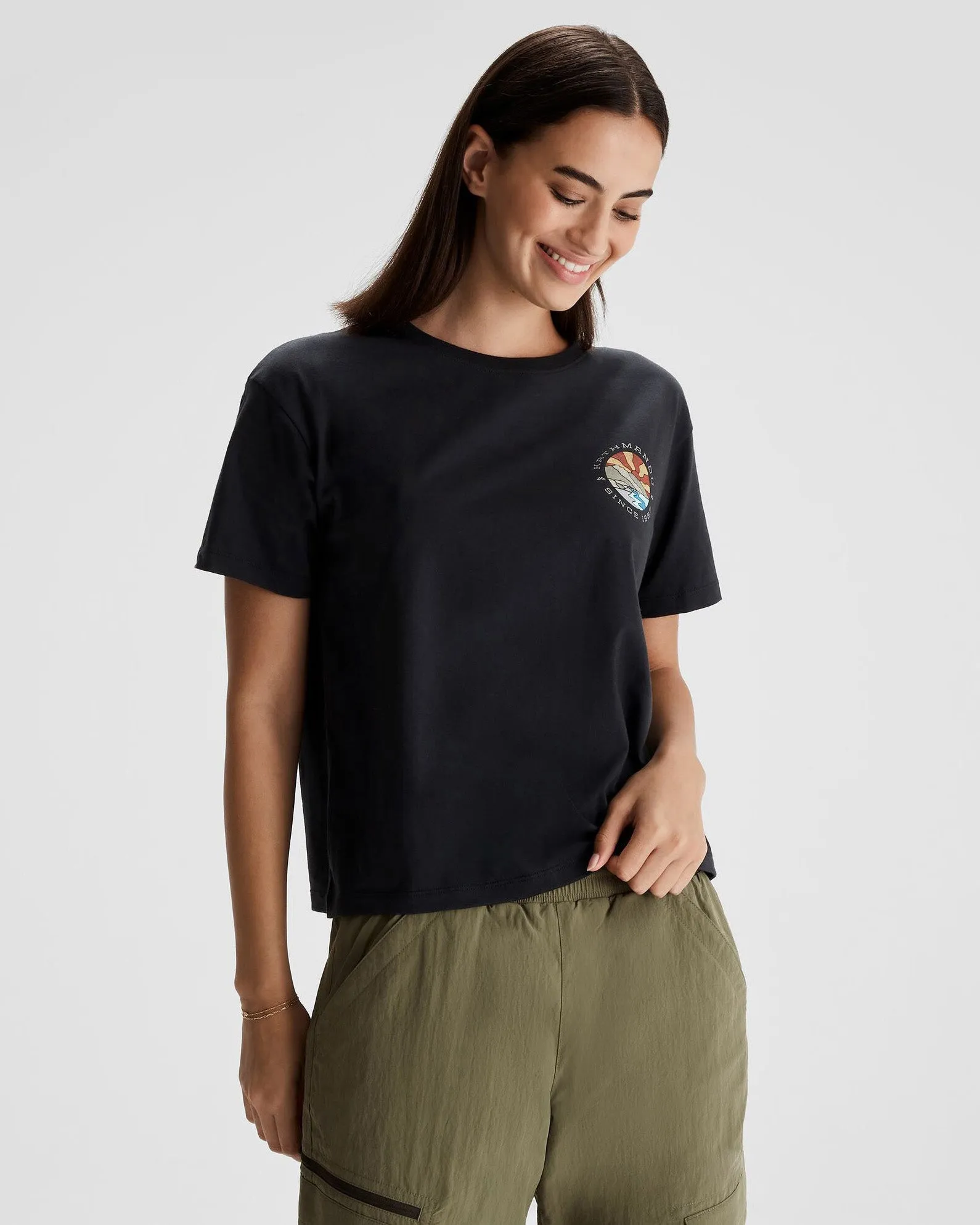 Women's Kathmandu Logo Sunburst Organic Cotton T-shirt - Black Biodegradable Options