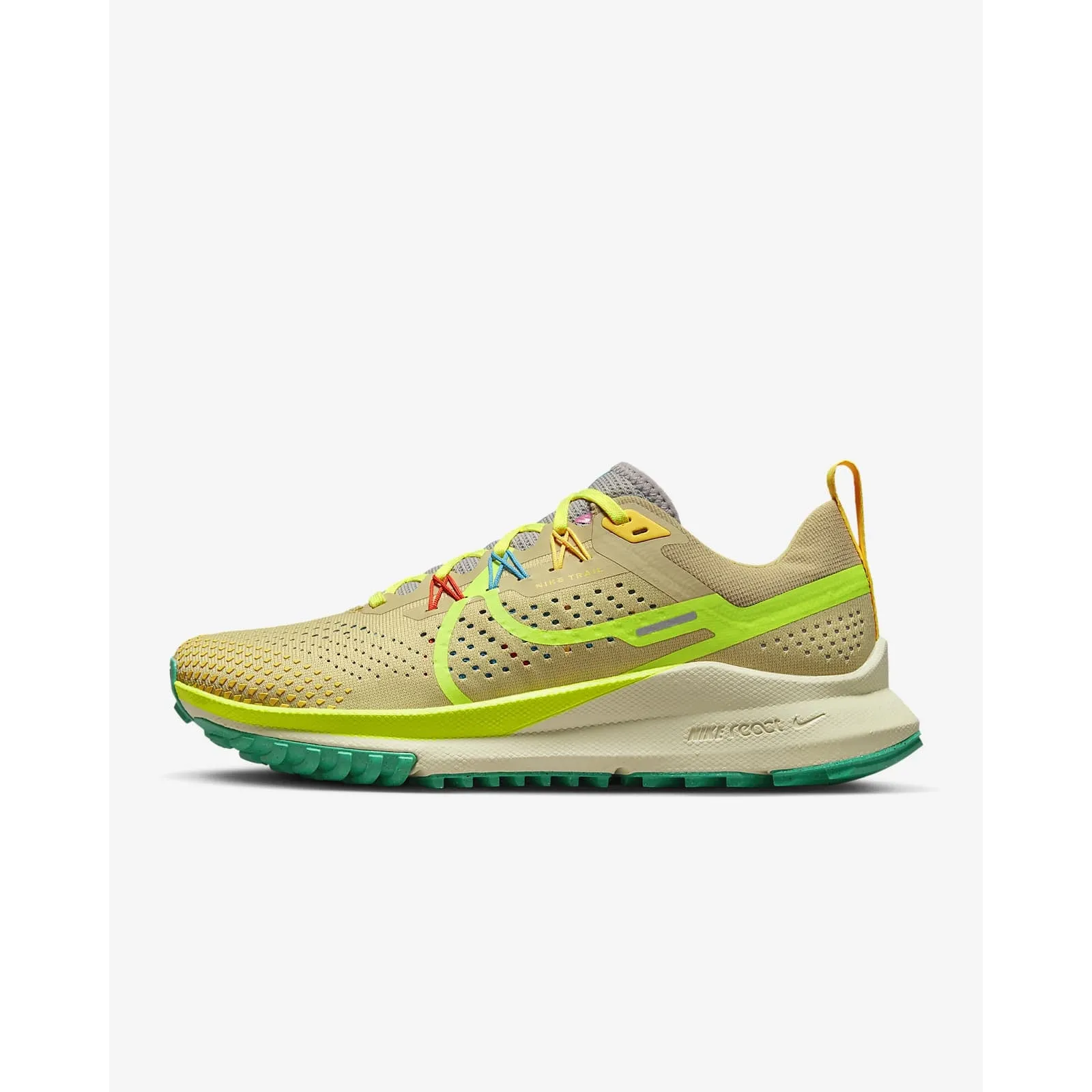 Nike Women's React Pegasus Trail 4 (Team Gold/Baltic Blue/Stadium Green/Volt) Slip Resistant Outsole Ergonomic Foot Arch
