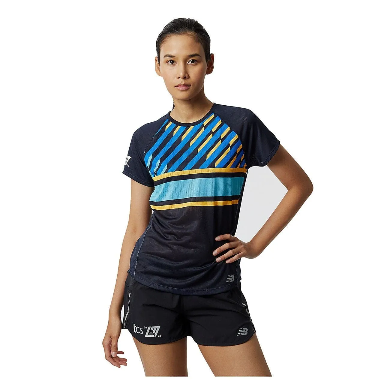 Roomy Fit No Slip Shoulder Design New Balance London Edition Printed Impact Run Short Sleeve (Women's) - Navy