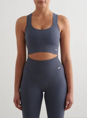 Storm Blue Ribbed Seamless High Support Bra Lycra fabric