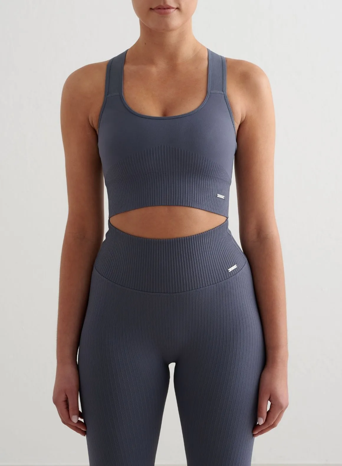 Storm Blue Ribbed Seamless High Support Bra Lycra fabric