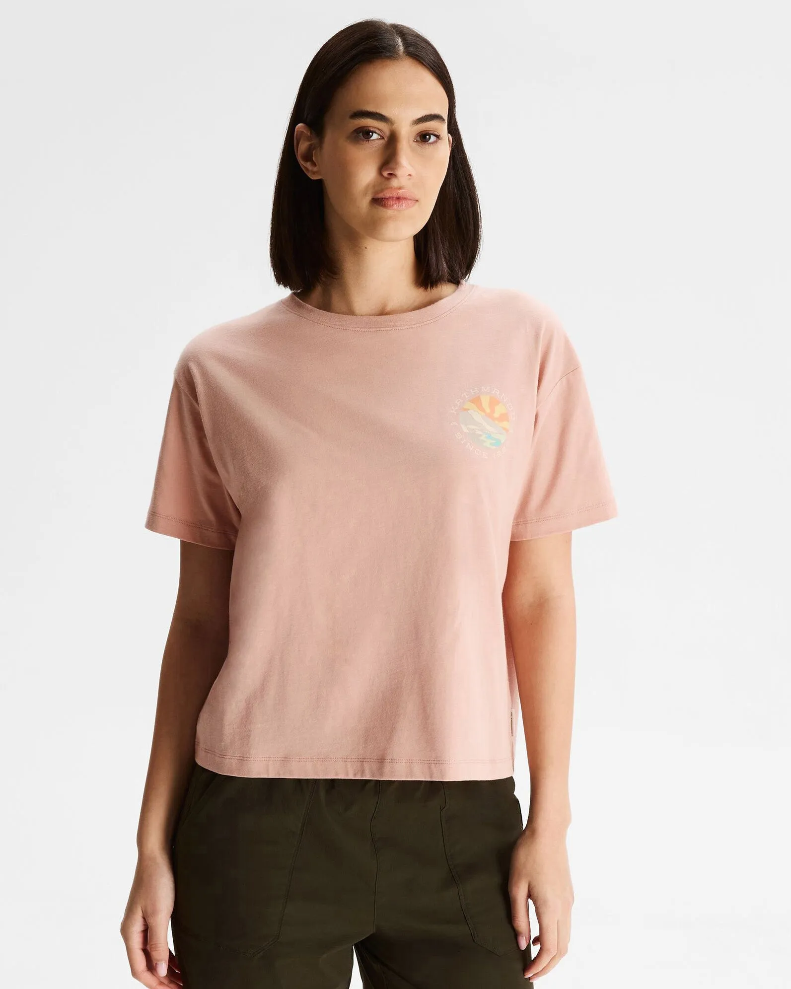 Women's Kathmandu Logo Sunburst Organic Cotton T-shirt - Mineral Boat neck style Comfort Apparel