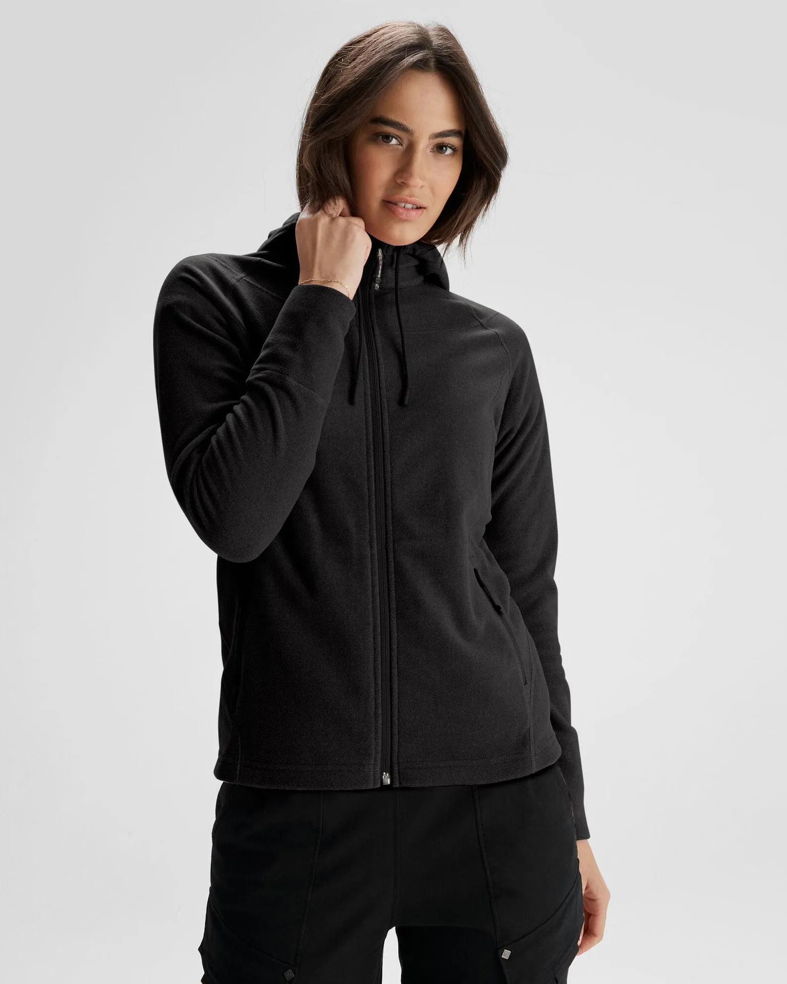 Women's Mt Aspiring Hooded Fleece Jacket  - Black Stingray Compression Fit Engineering HighVisibility Trim RecycledBlend