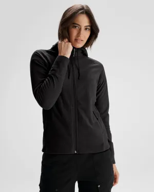 Women's Mt Aspiring Hooded Fleece Jacket  - Black Stingray Compression Fit Engineering HighVisibility Trim RecycledBlend