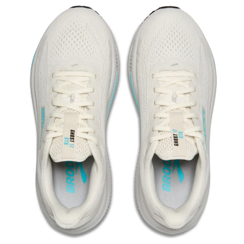 Multi Density Foam Flex Groove Technology Brooks Women's Ghost 17 GTX Running Shoes in Coconut/Oyster/Blue AW25