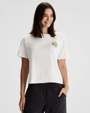 UPF Rated Fabric Sophisticated Casual Women's Kathmandu Logo Sunburst Organic Cotton T-shirt - White