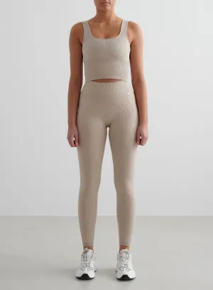 Beige Melange Ribbed Seamless Tights & Bralette Set Secure Fit Design