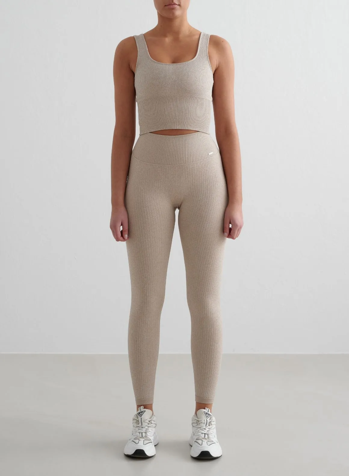 Ergonomic Pattern Design Beige Melange Ribbed Seamless Tights & Bralette Set