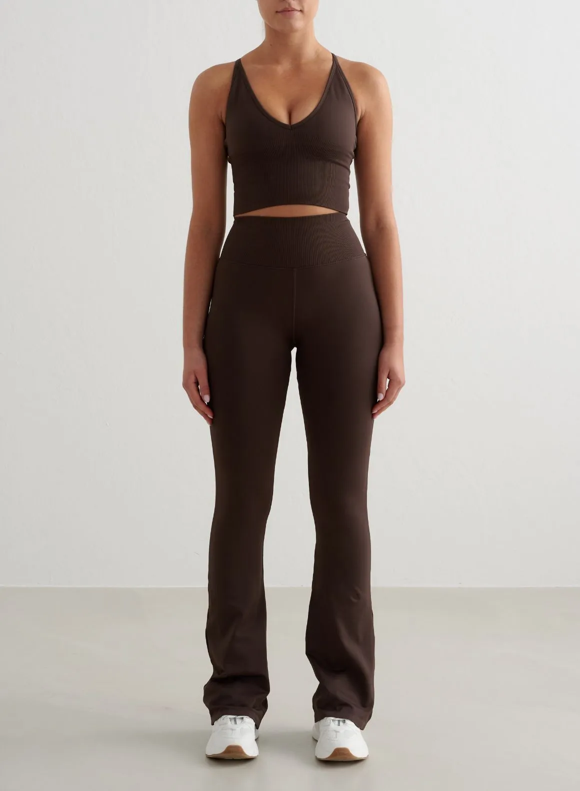 Chocolate Shape Seamless Flare Tights & Cross Back Bralette Set Flex Zone Design Durable Double Stitching