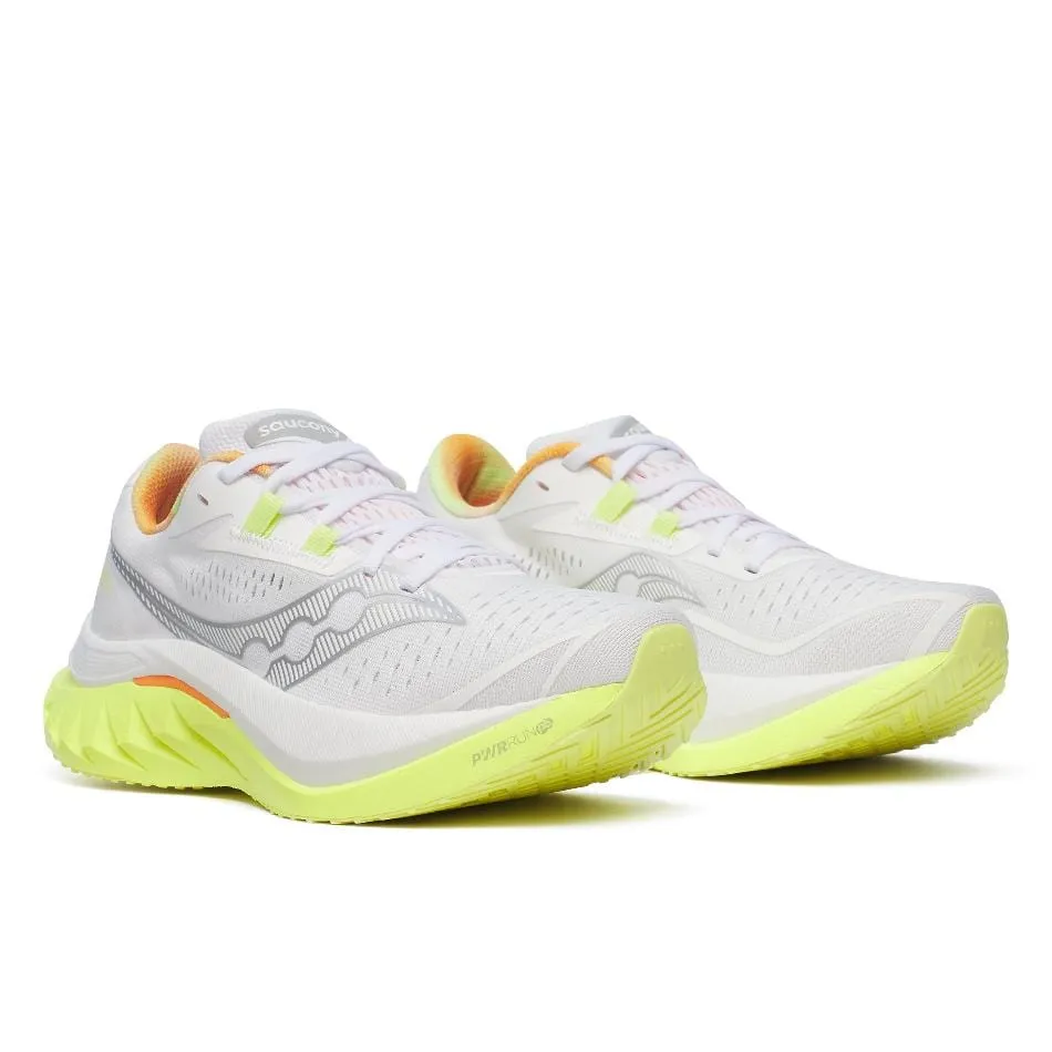 Saucony Women's Endorphin Speed 4 Running Shoes in White/Sunny SS25 individual sports shoes running with a sports bra