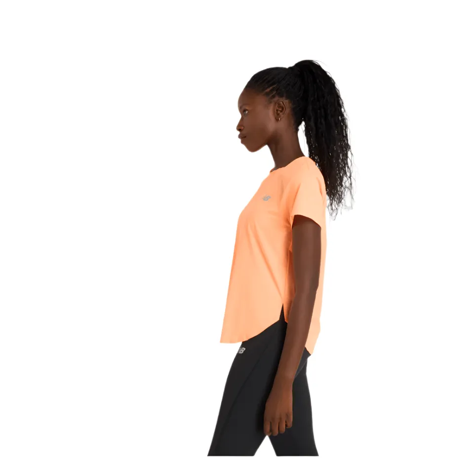 New Balance Women's Race Day Ultralight T-shirt in Hot Mango SS25 Low Impact Processing Cozy Hug