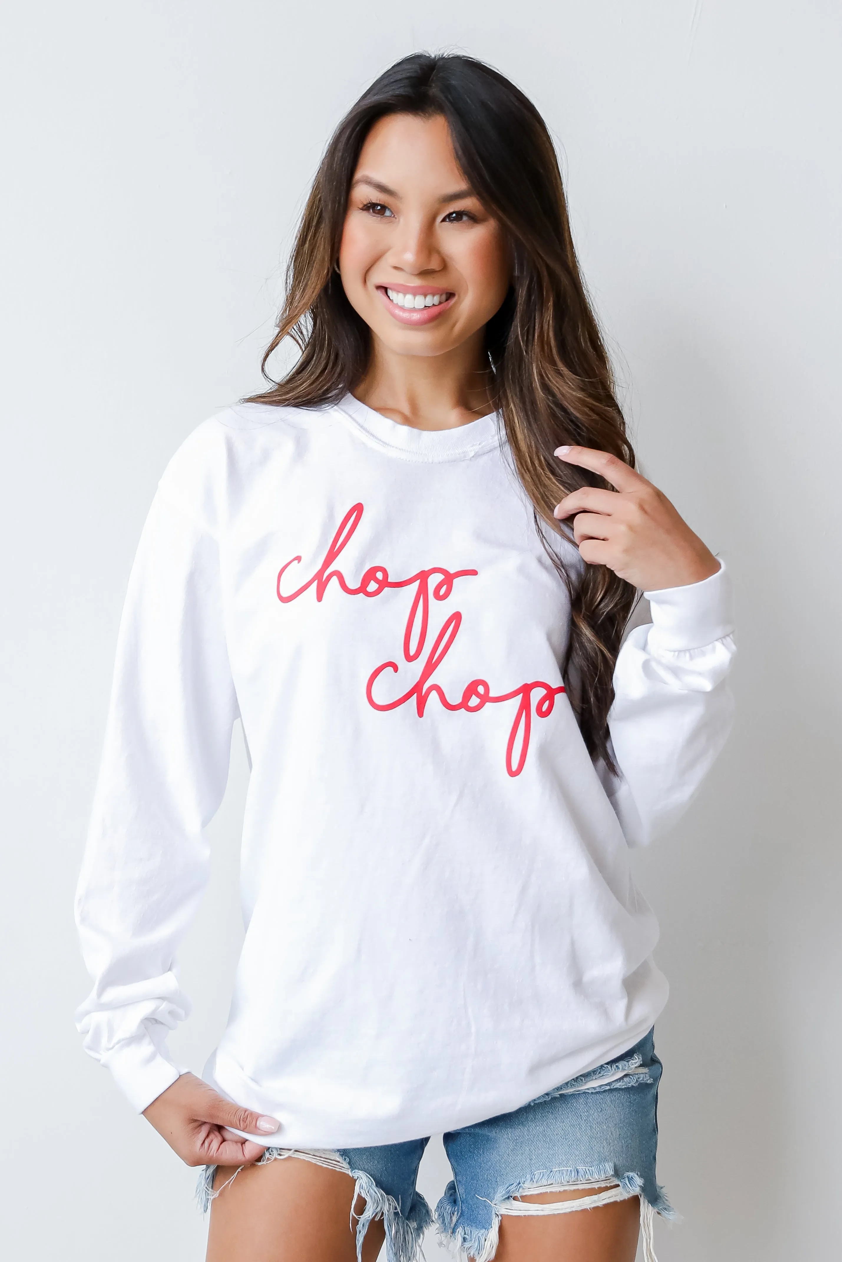 Effortless Comfort Wear Non Restrictive Silhouette White Chop Chop Long Sleeve Tee