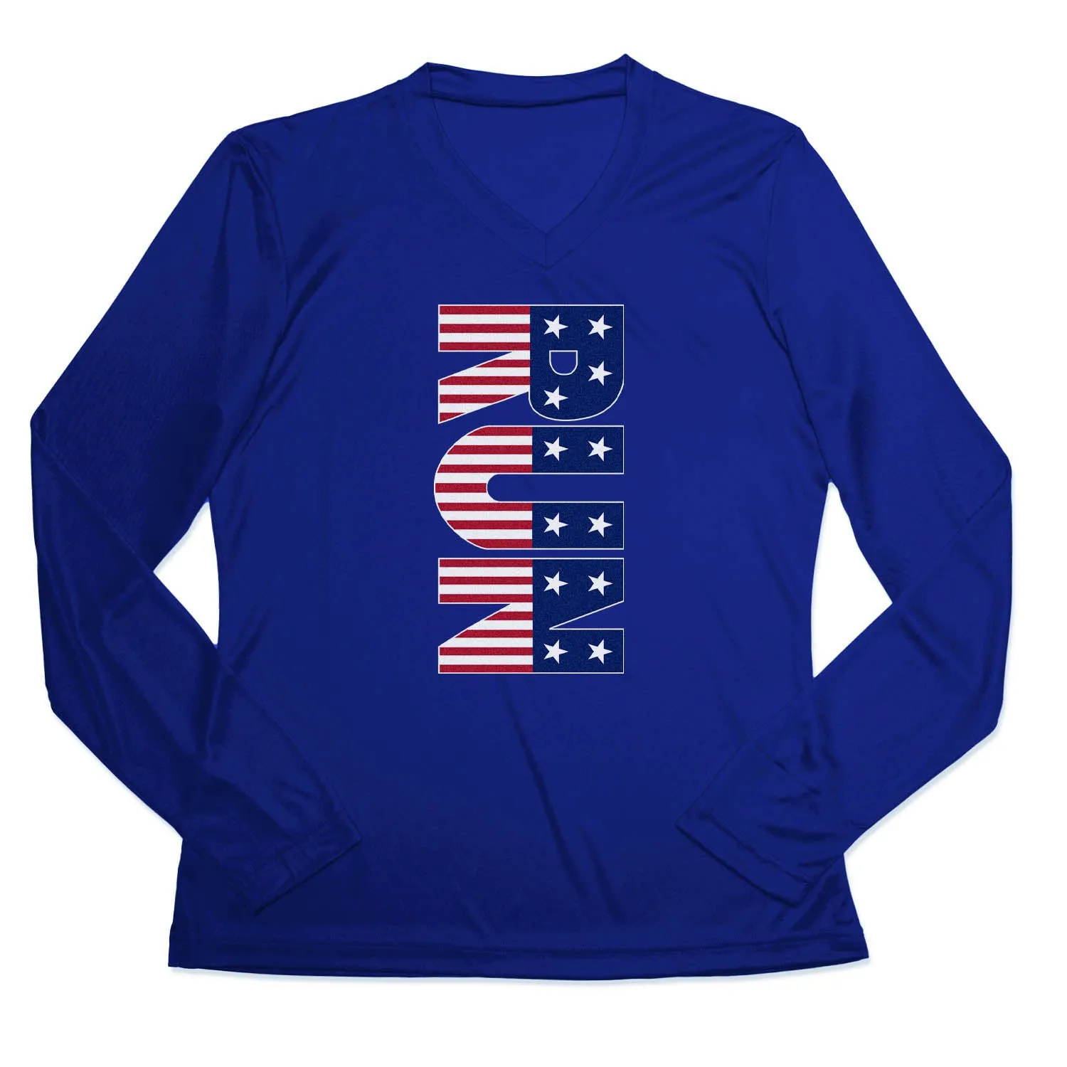 Women's Long Sleeve Tech Tee - Patriotic Run Raw Hem Finish