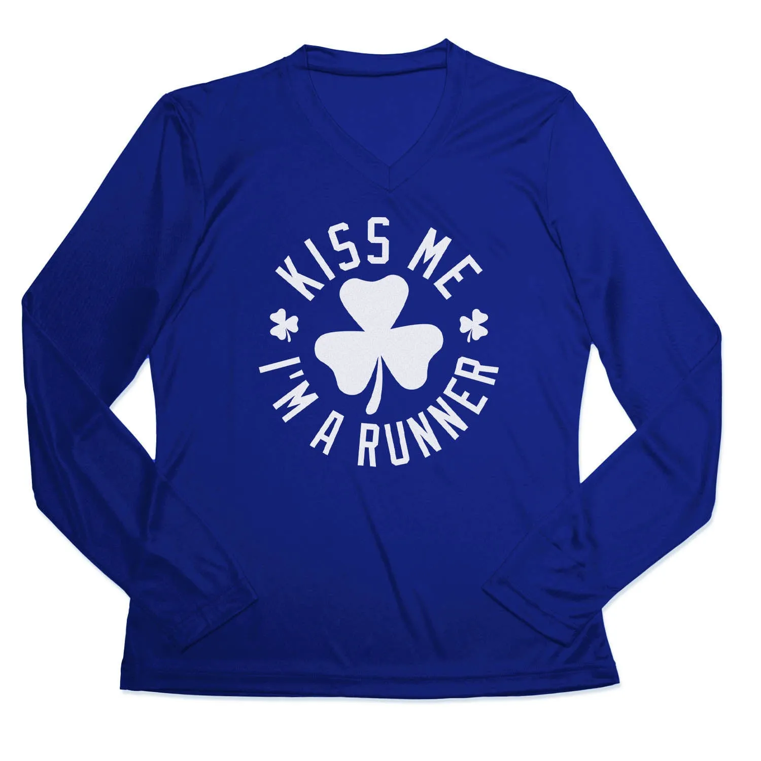 MoistureWicking Women's Long Sleeve Tech Tee - Kiss Me I am a Runner Shamrock