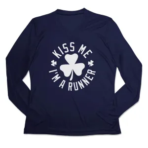 Women's Long Sleeve Tech Tee - Kiss Me I am a Runner Shamrock Comfy Waist Cool Weather Wear