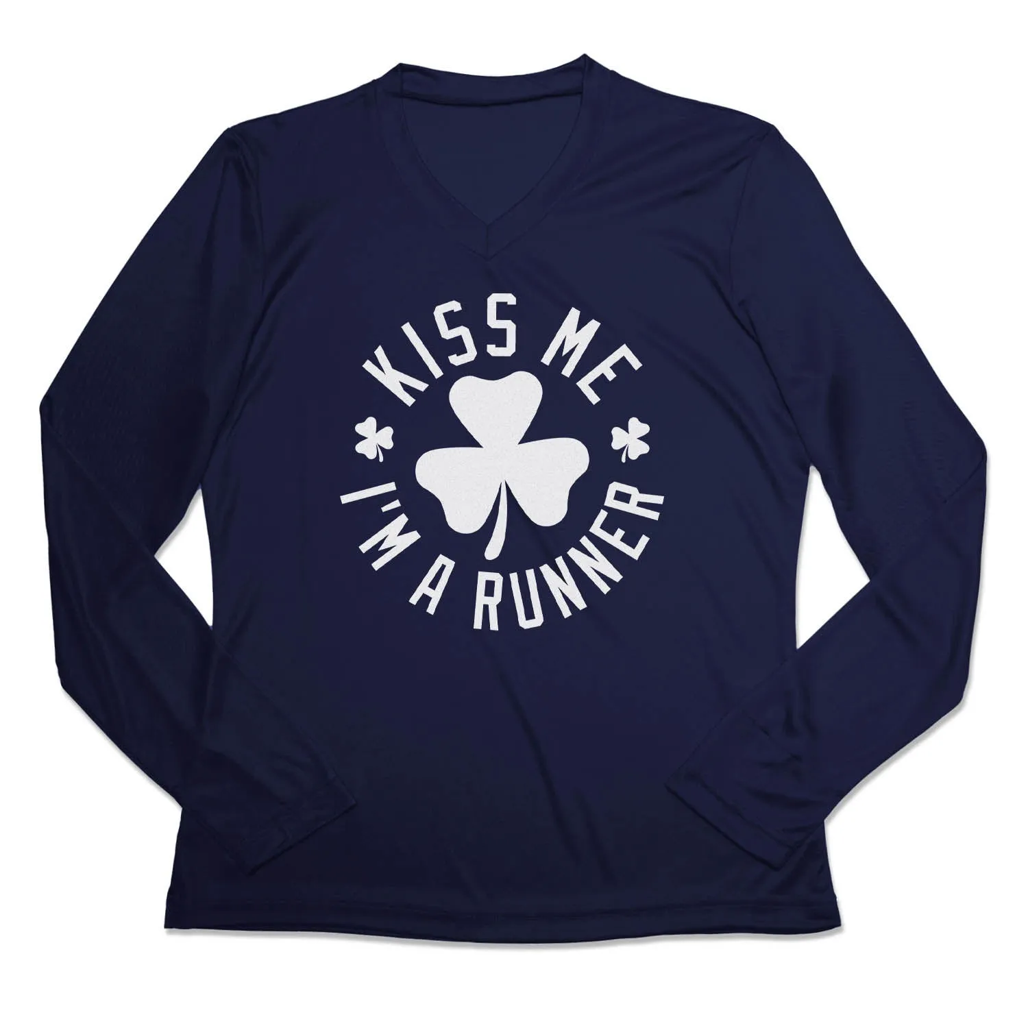 QuickDry Distressed Hem Finish Women's Long Sleeve Tech Tee - Kiss Me I am a Runner Shamrock