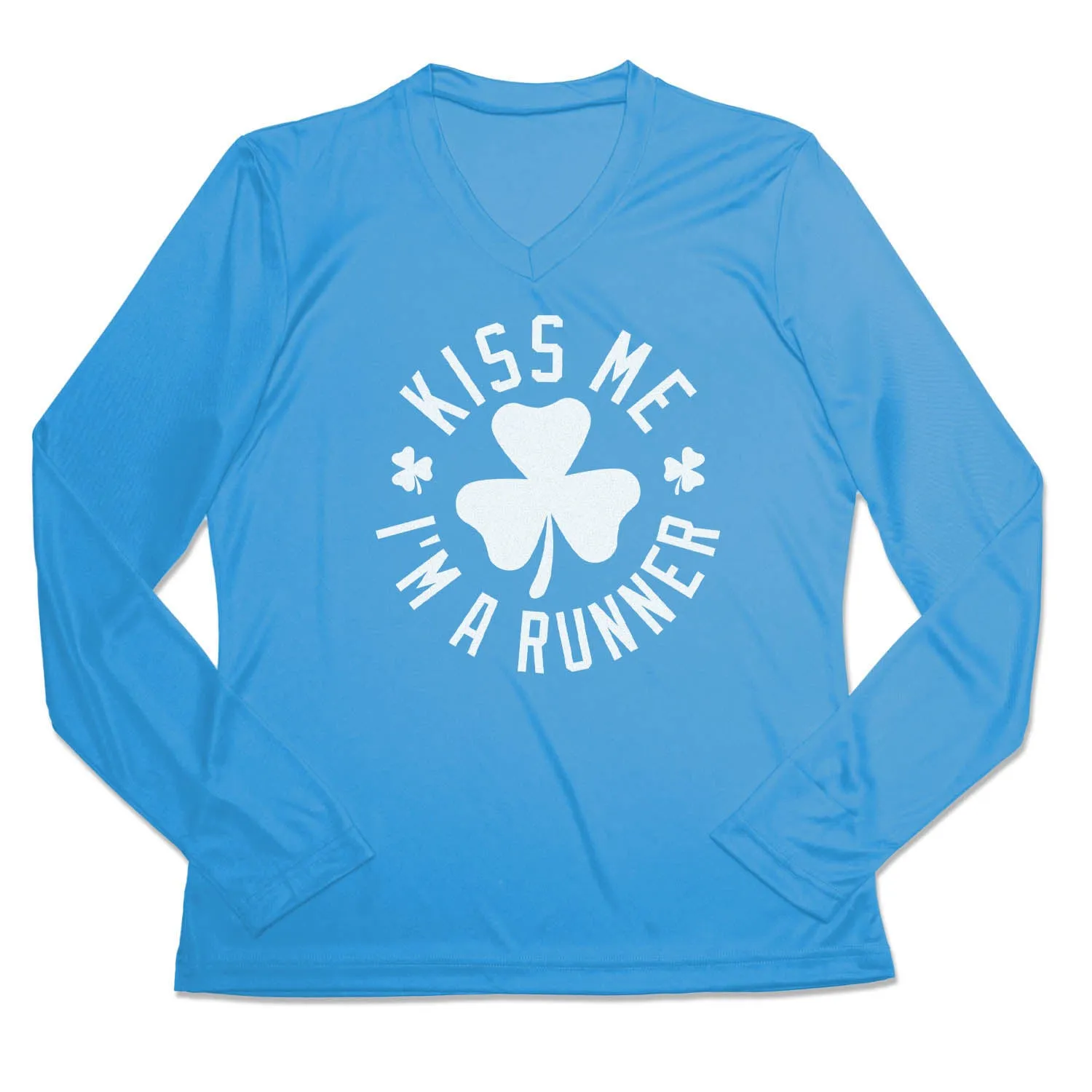 Women's Long Sleeve Tech Tee - Kiss Me I am a Runner Shamrock Everyday Fashion