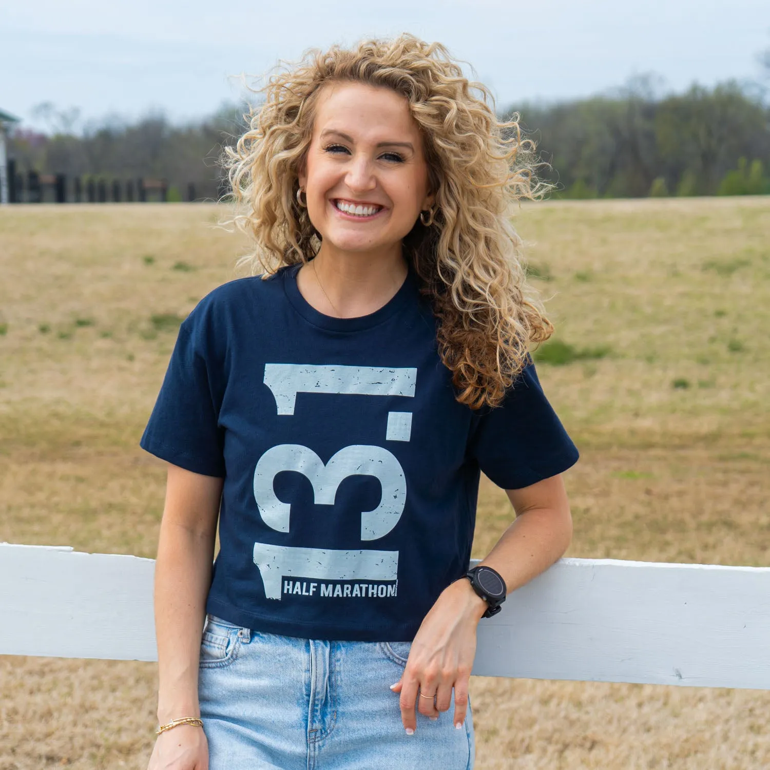 Running Short Sleeve Crop Tee - 13.1 Half Marathon Vertical Minimal Layers Chilly Layer