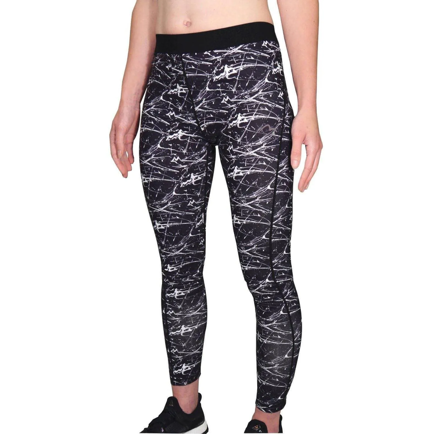 More Mile Go For It Printed Womens Long Running Tights - Black Soft and Flexible Trend Seeker Eco Friendly