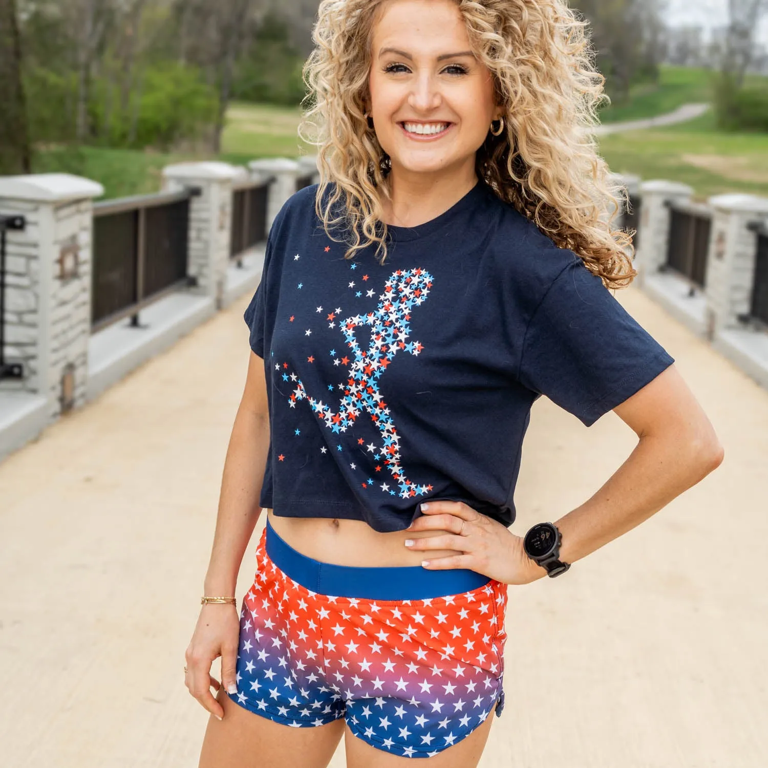Daily Comfort Style Running Short Sleeve Crop Tee - Patriotic Runner Girl