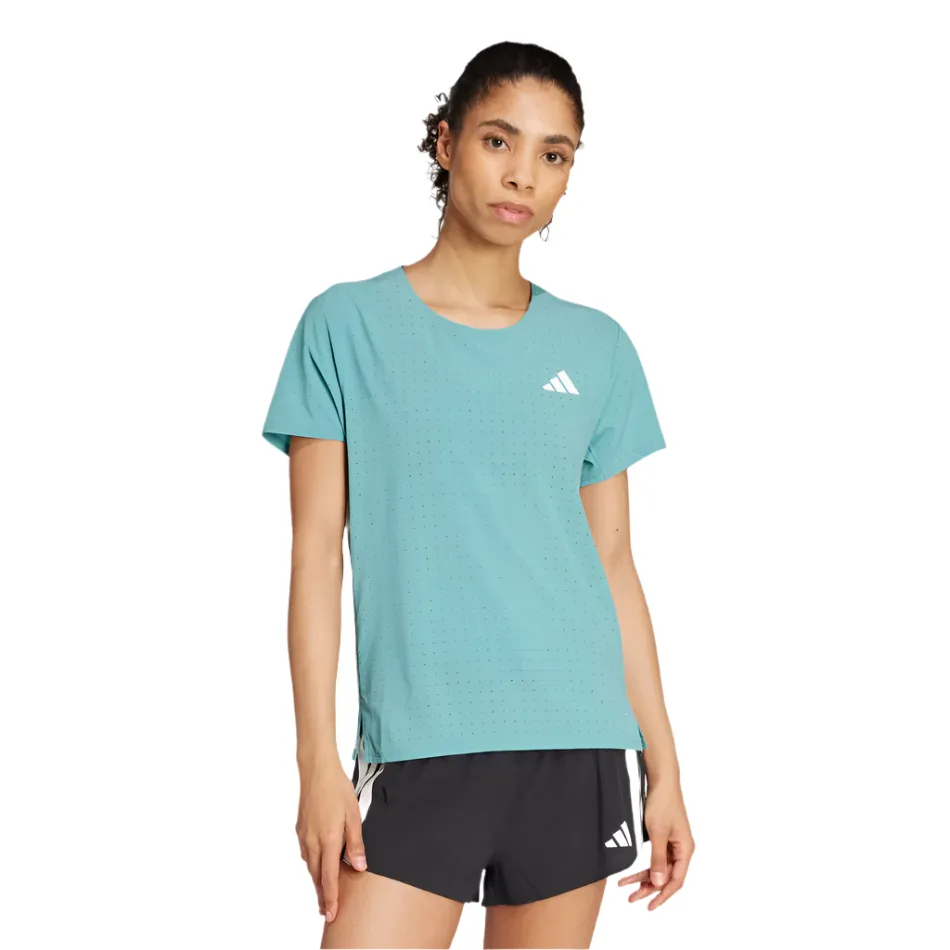 Adidas Women's Adizero Short Sleeved Running Tee in Powder Teal AW25 Outdoor Adventure