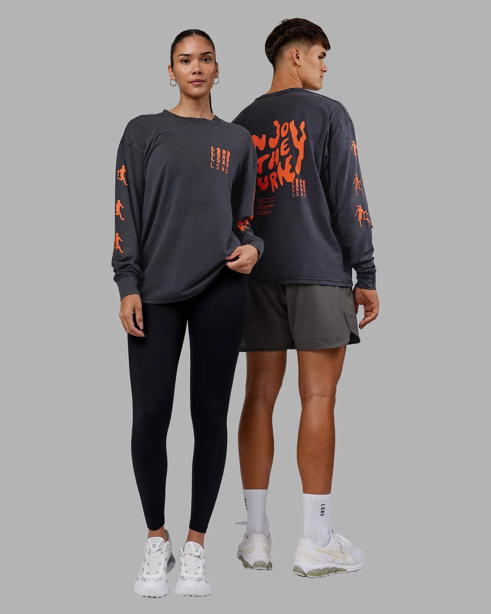 LayeredHemDetails Casual Flex Inferno Journey FLXCotton Oversized Long Sleeve Tee - Washed Black-Ultra Orange