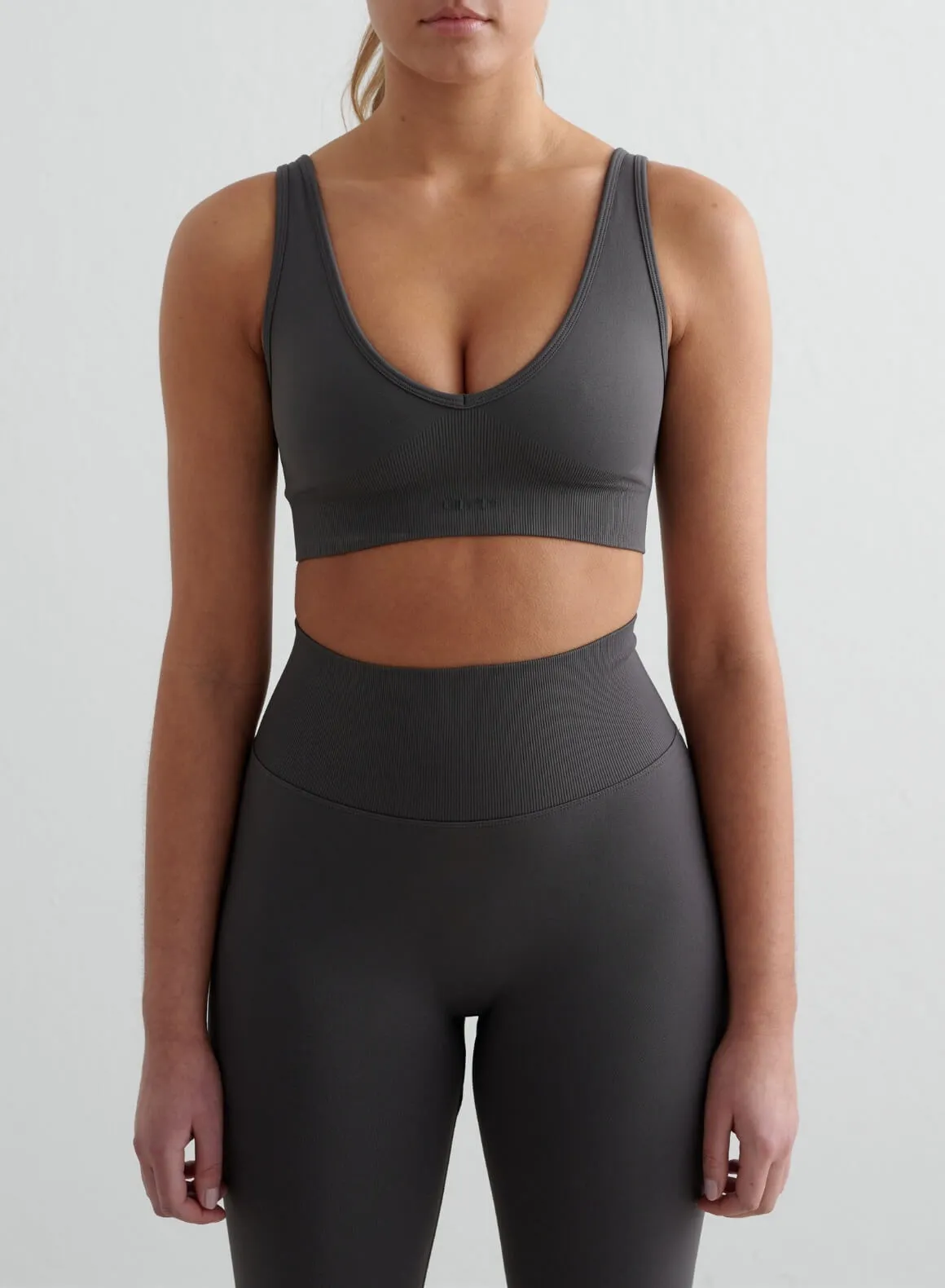 Shadow Grey Shape Seamless Deep Cut Bra Simple workout outfit V-neck seams