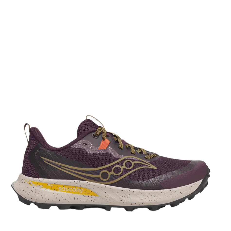 Saucony Women's Peregrine 15 Trail Running Shoes in Wine/Kodiak AW25 Rock Plate Technology leather trail shoes