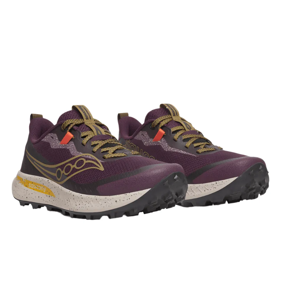 triathlon trail shoes everyday trail sneakers Saucony Women's Peregrine 15 Trail Running Shoes in Wine/Kodiak AW25