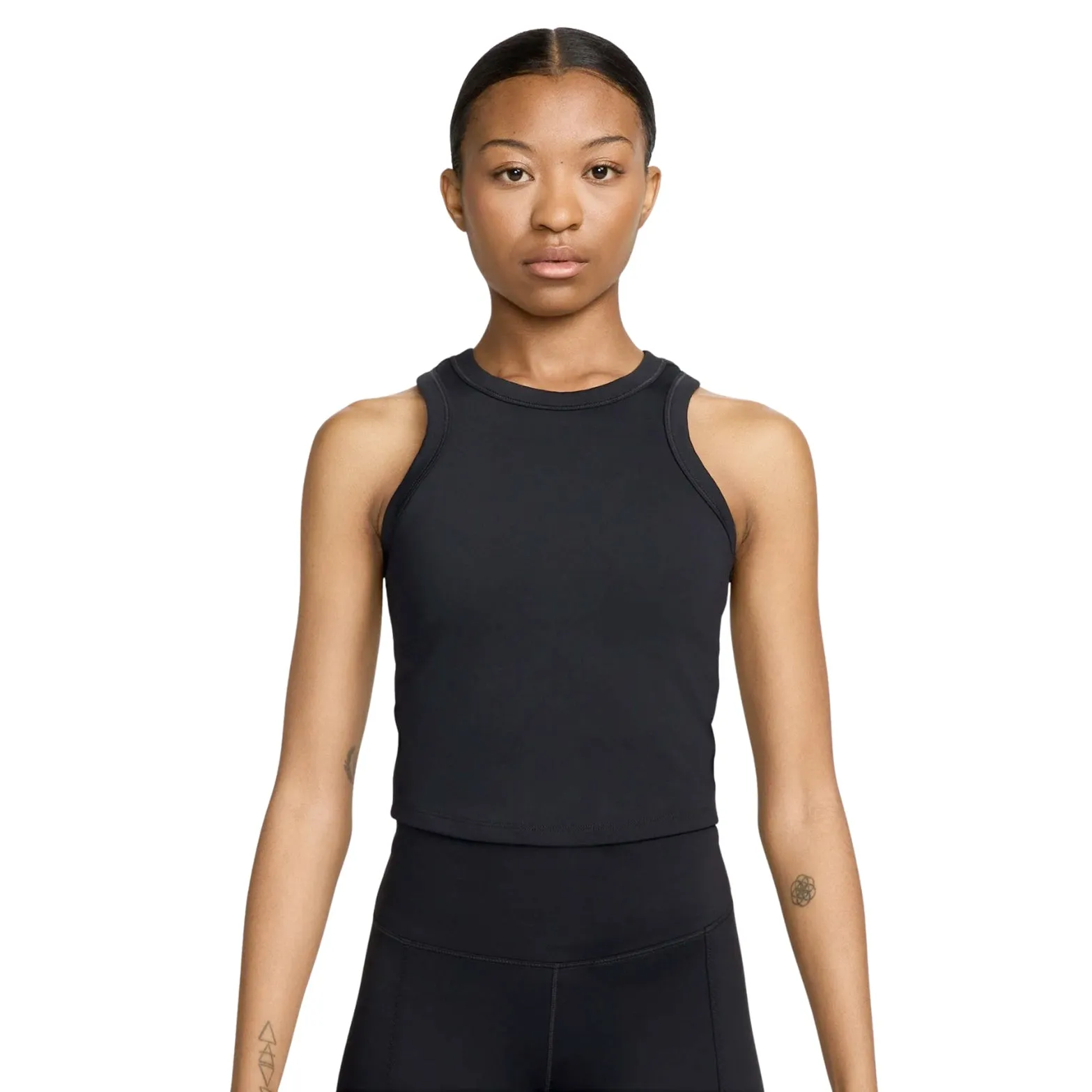 Nike Women's Dri-FIT One Fitted Cropped Tank Black / Black Moisture Control Lining Eco Friendly Dye