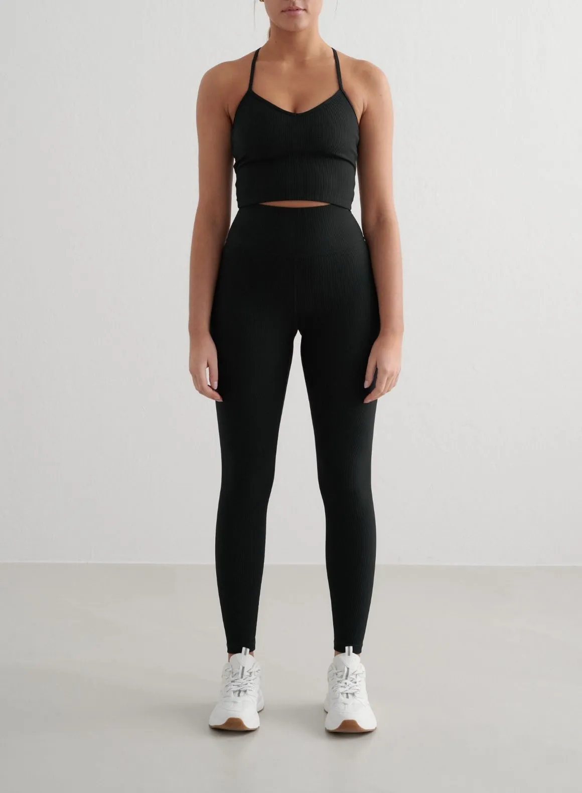 Black Ribbed Performance Bralette Chic Active Layered Panel Design