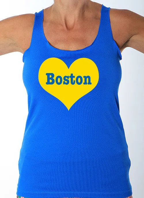 Boston Love Blue and Gold Performance Racerback Sport Tank Secure Fit Design Airflow Channel Design