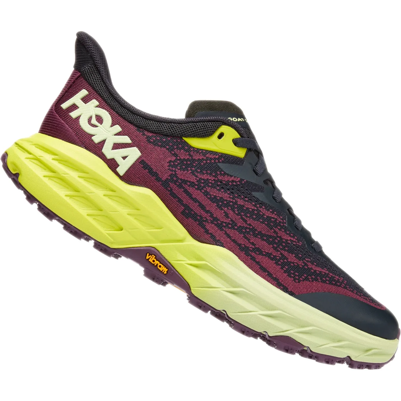 pro athlete trail shoes Asymmetric Support Structure Hoka Women's Speedgoat 5 (Blue Graphite/Evening Primrose)