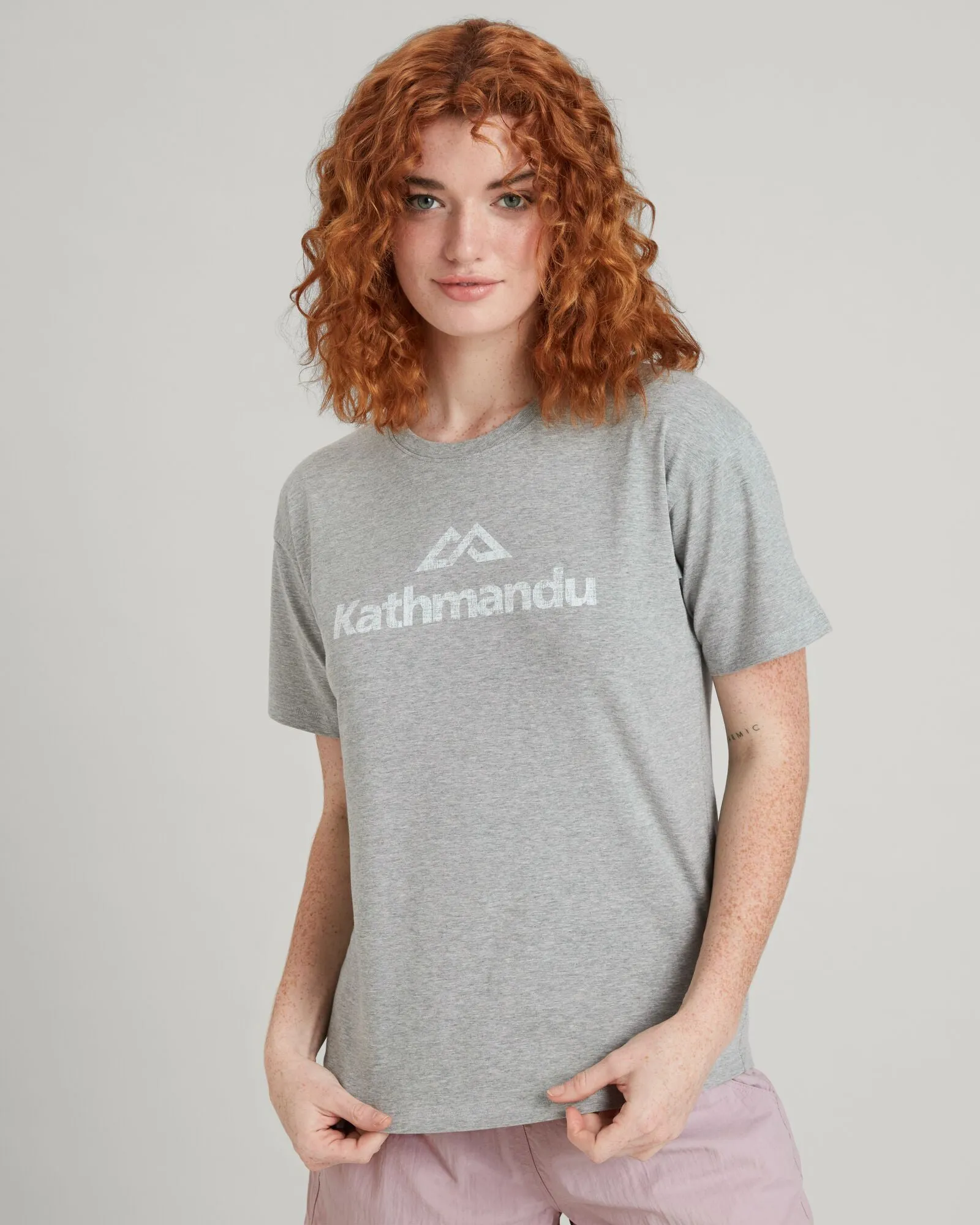 regular but not boring Casual Comfort Design Kathmandu Logo Women's Short Sleeve T-shirt - Light Grey Marle