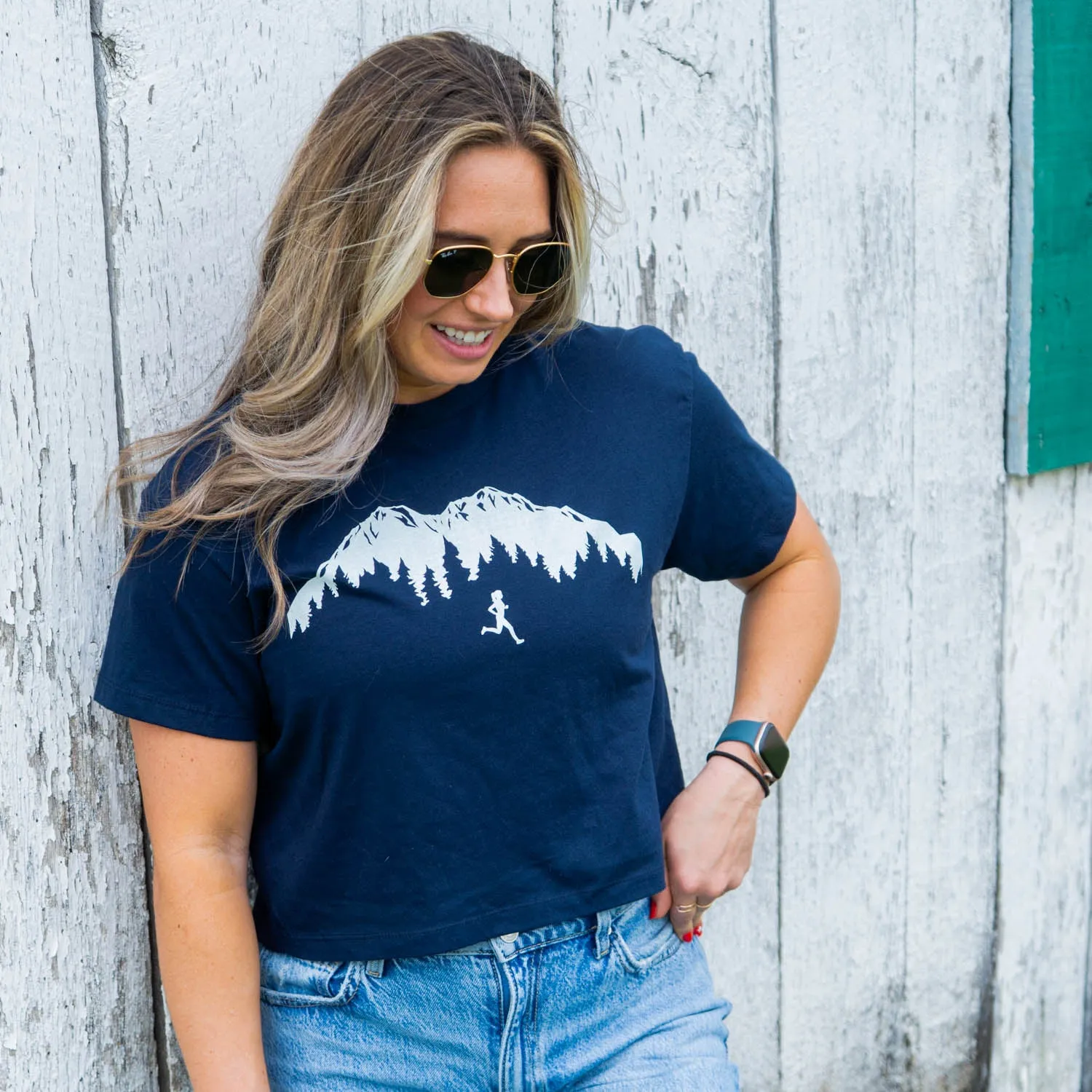 safe for skin Running Short Sleeve Crop Tee - Trail Runner in the Mountains Female