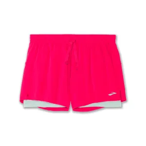 Four Way Stretch Fabric slim cut Brooks | Moment 5" 2-in-1 Short | Women's | Hyper Pink/Cool Mint