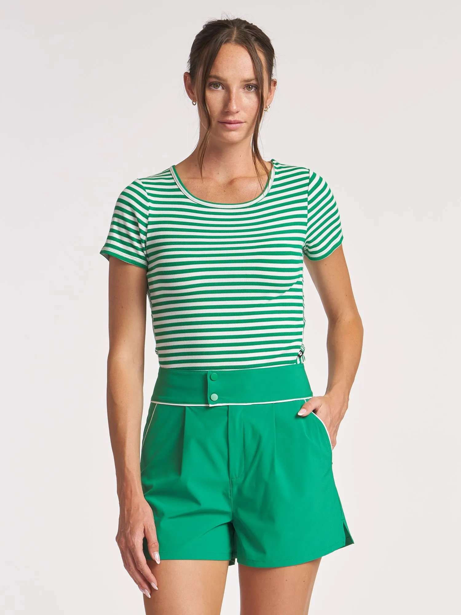 Compact Storage Design Lightweight Weave Stripe Crew Neck Tee