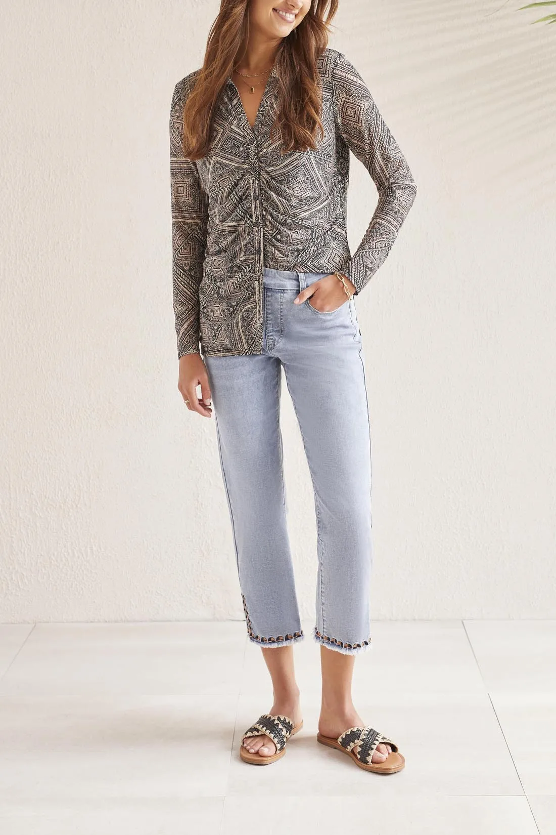 Ultra Soft Brushed Lining Tribal| Audrey Pull-On Side Slit Embroidered Jeans | Women's