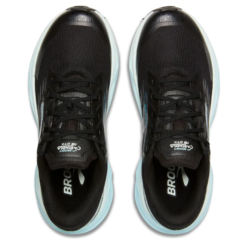 Brooks Women's Cascadia 19 GTX Trail Running Shoes in Black/Ebony/Blue Flower AW25 Hydrophobic Knit Moisture Wicking Liner