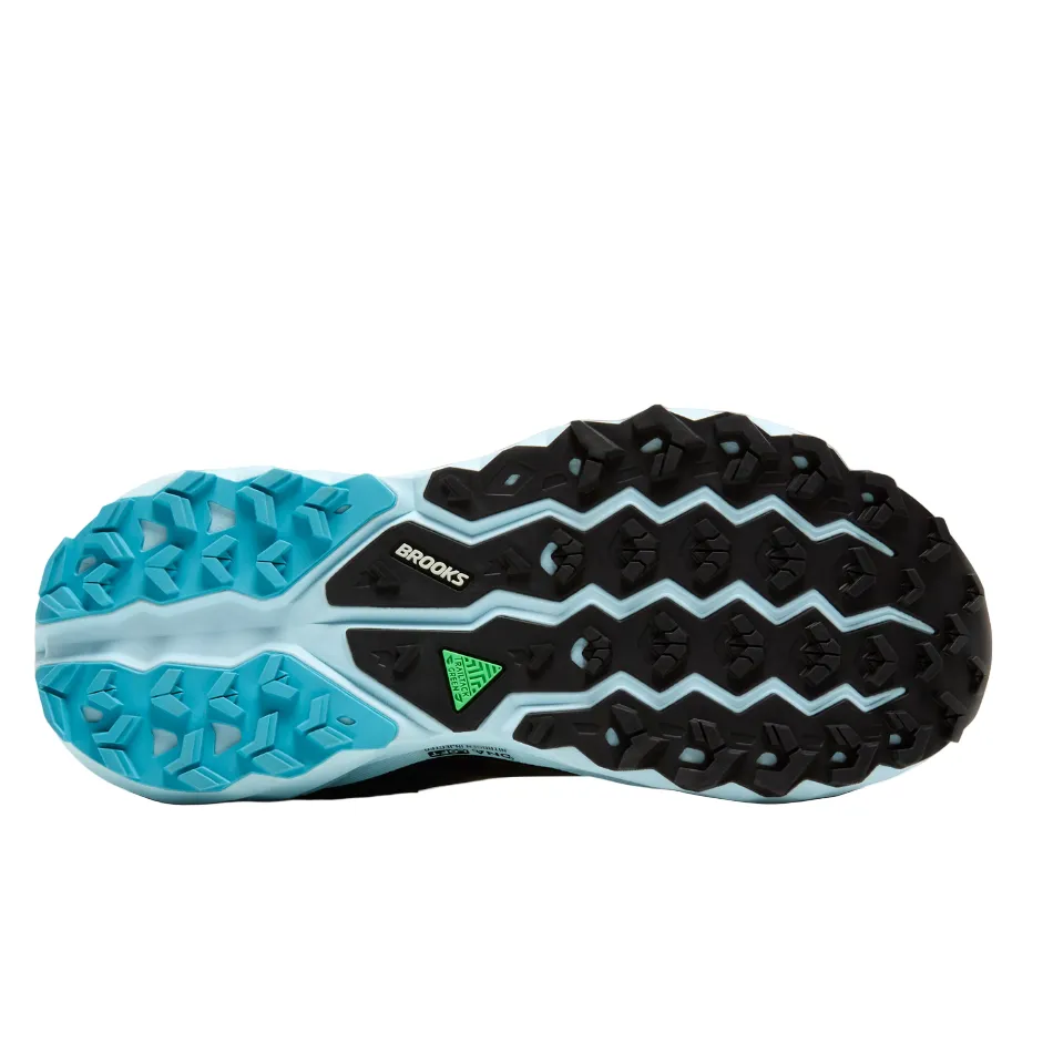 Brooks Women's Cascadia 19 GTX Trail Running Shoes in Black/Ebony/Blue Flower AW25 Ultra Cushion Midsole Lace Lock Technology