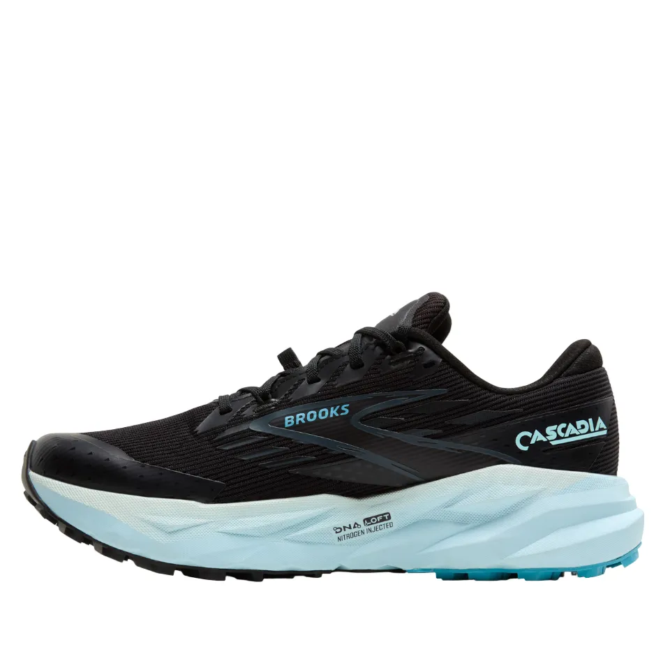 Balanced Cushioning Brooks Women's Cascadia 19 GTX Trail Running Shoes in Black/Ebony/Blue Flower AW25