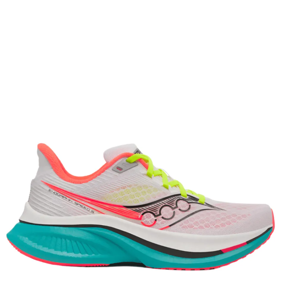 Saucony Women's Endorphin Speed 5 Running Shoes in White/Mutant AW25 Cold - resistant Customizable Lacing