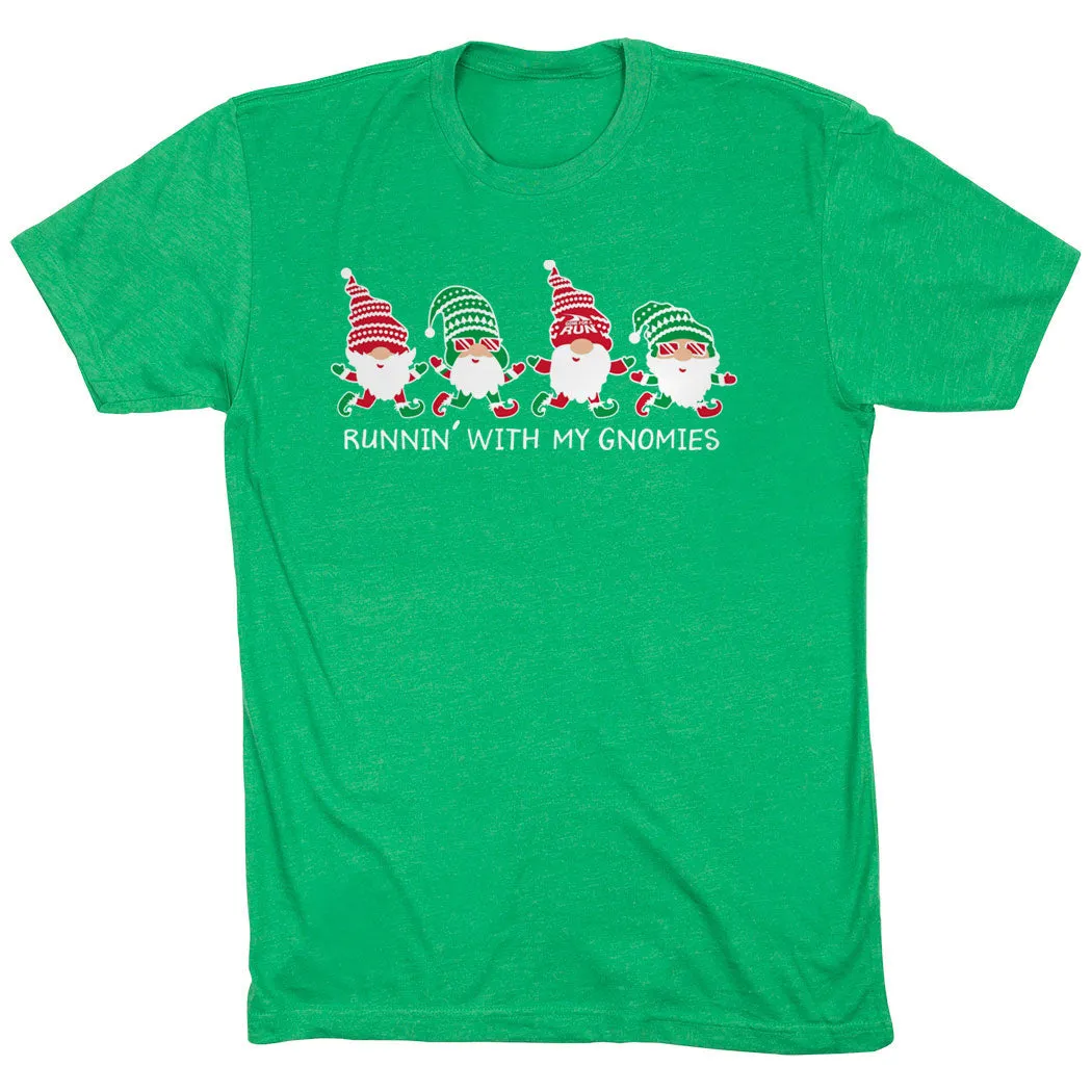 Running Short Sleeve T-Shirt - Runnin' With My Gnomies?? - Christmas Ribbed Collar Trim Relaxed Style