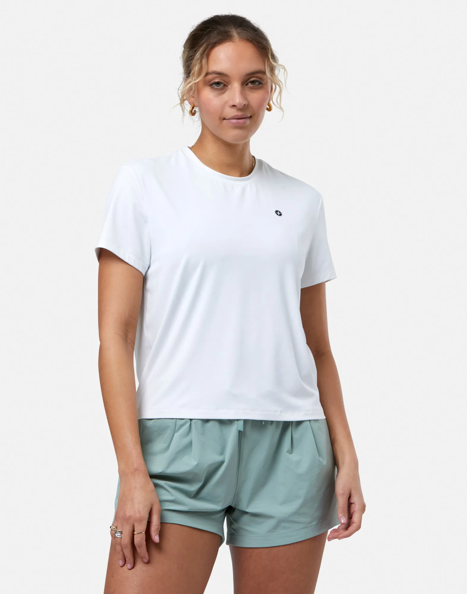 Ribbed Collar Design Comfort Stretch Fit Gym   Coffee Tee (Womens) - Ultra White