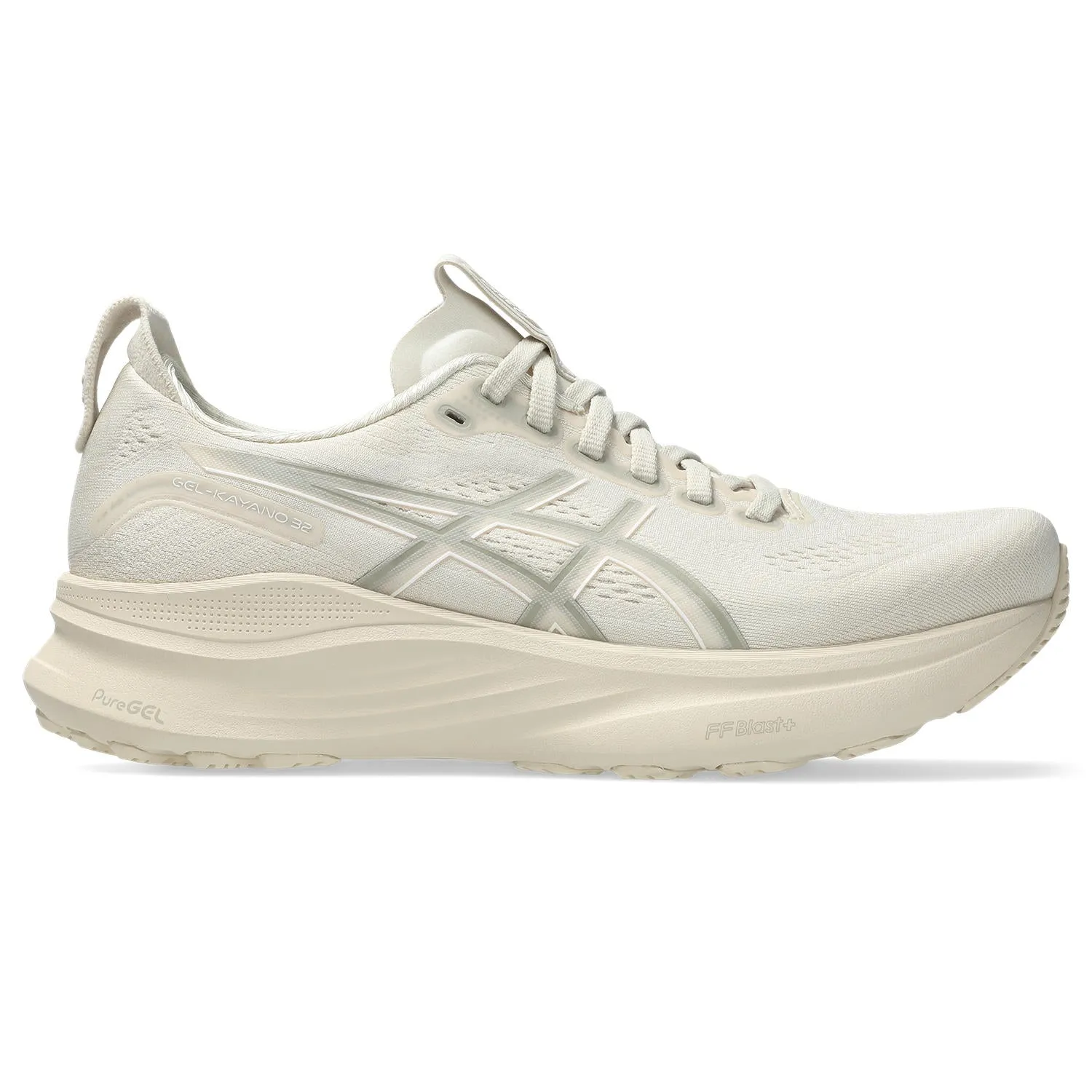 Women's GEL-Kayano 32 (250 - Oatmeal/Meteor Grey) running with headphones