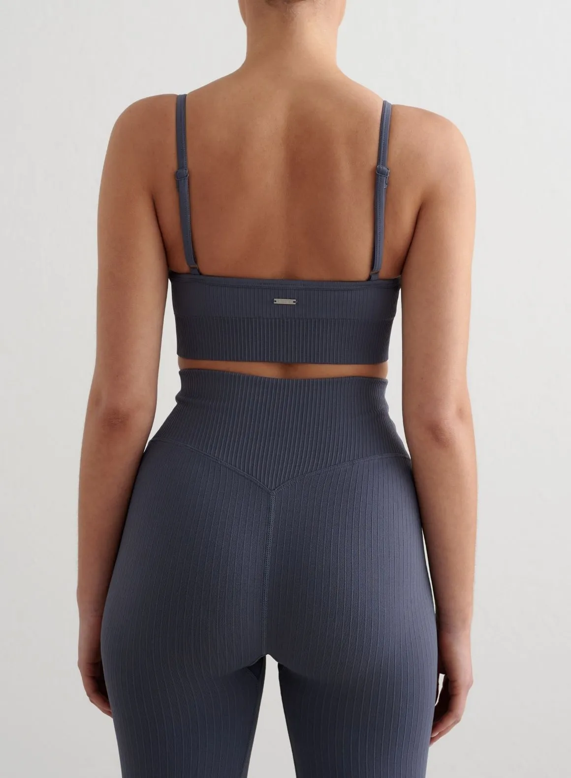 Storm Blue Ribbed Seamless Deep Cut Bra Decorative stitching Pilates outfit