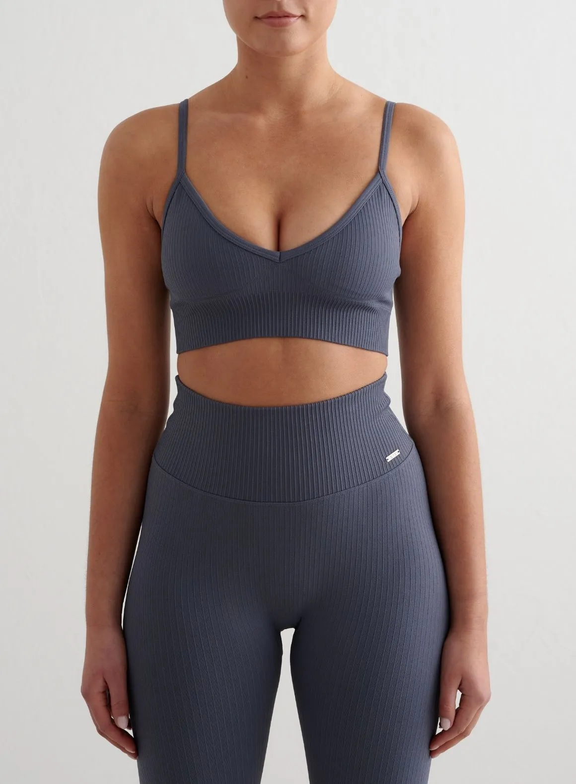 Storm Blue Ribbed Seamless Deep Cut Bra Cross Back Closure