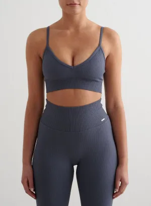 Storm Blue Ribbed Seamless Deep Cut Bra Cross Back Closure