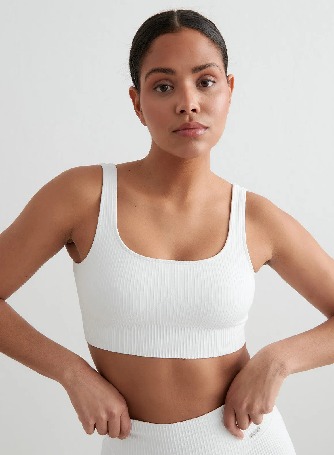 White Ribbed Seamless Bra Backless seams Pilates